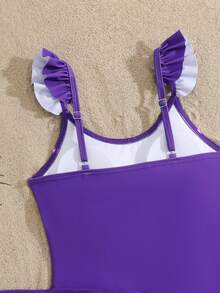 SHEIN Tween Girl Floral Print Shoulder Strap Ruffle Design One-Piece Swimsuit, Suitable For Swimming, Vacation, Beach In Summer - Purple - View 4
