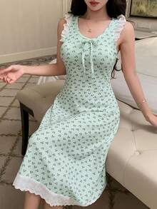 DAZY Nuisette midi sans manches à volants avec imprimé fleurs de cerisier pour femmes, pyjama d'été - Vert - Voir 3