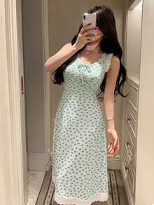 DAZY Nuisette midi sans manches à volants avec imprimé fleurs de cerisier pour femmes, pyjama d'été - Vert - Voir 6