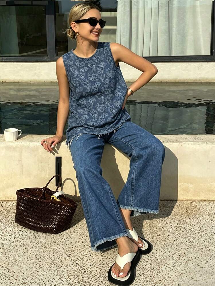 Women's Sleeveless Cashew Print Top And Jeans Set Summer