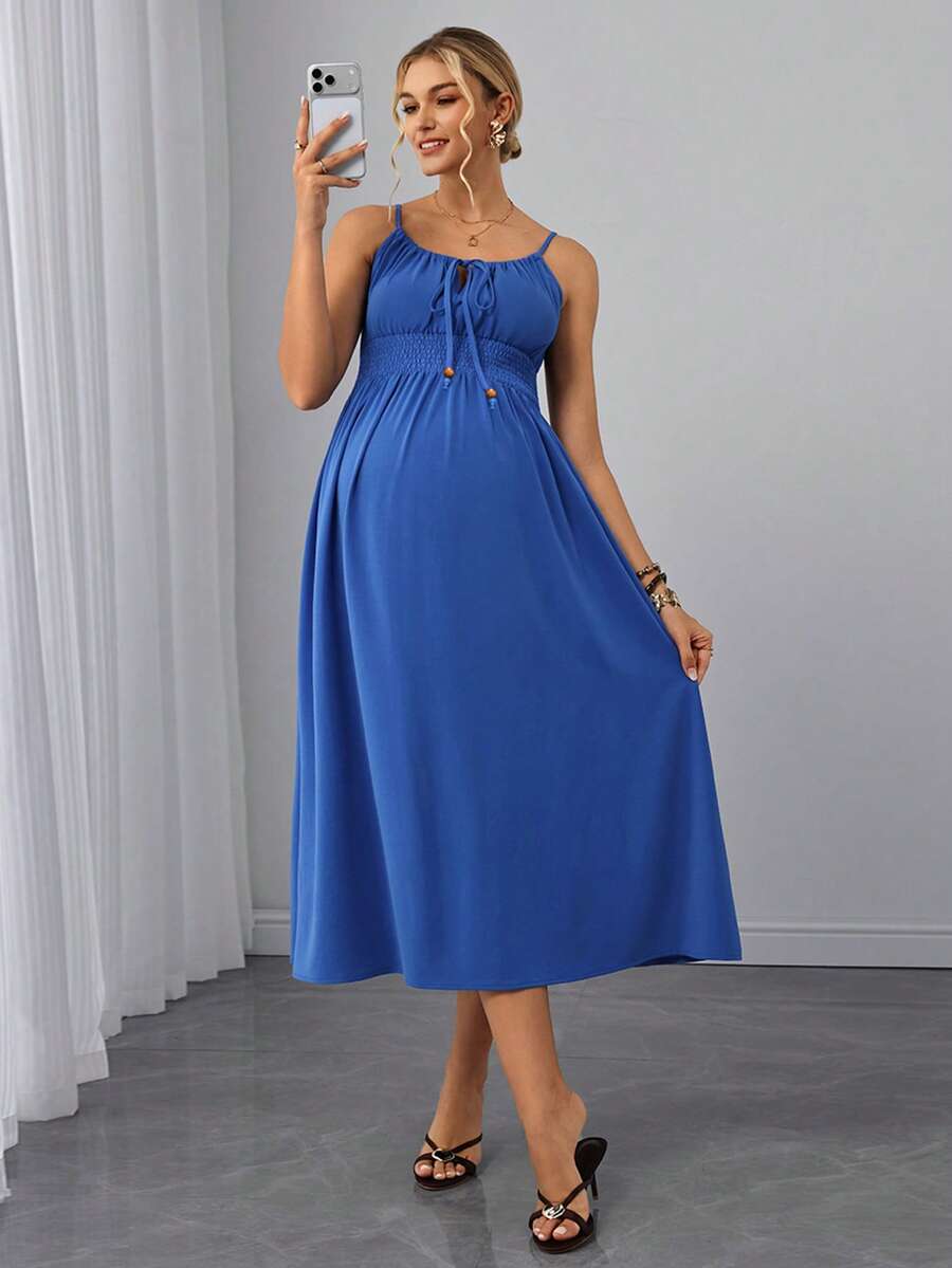 SHEIN Maternity Solid Color Tie-Up Ruched Casual Daily Wear Spaghetti Strap Dress - Blue - View 1