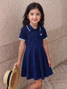 Elladie kids Young Girl Heart Print Polo Collar Dress Summer Holiday - Navy Blue - View 4