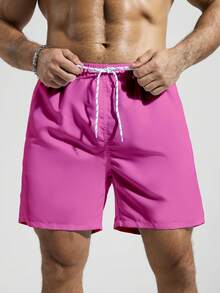 Manfinity KASUA Men's Solid Color Casual Beach Shorts For Vacation, Holiday - Hot Pink - View 4
