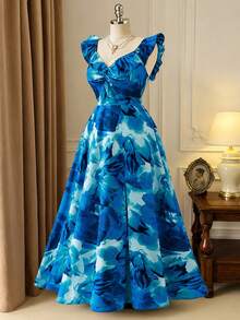 DreamSkyne Plus Size Women's New Navy Blue Floral Print Twist Front Waist Cap Sleeve Split Hem Dress, Suitable For Vacation Dates Wedding Summer Elegant - Multicolor - View 4