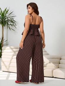 Solflare Plus Size Brown Polka Dot Sleeveless Ruffle Hem Loose 2 Pieces Set, Summer - Brown - View 2
