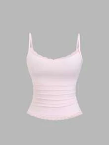 Sweetra Women's Solid Color Contrast Lace Ruffle Camisole - Multicolor - View 5