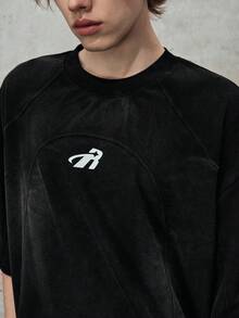 ROMWE MEN Men's Washed Distressed Patchwork Loose Fit Short Sleeve T-Shirt - Black - View 2