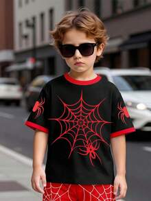 SHEIN Boys Loose Comfortable T-Shirt And Shorts 2pcs Set, English Los Angeles Graphic, Casual Cute Style, Suitable For School, Party, Outing, Sports, Gentleman, For 4-7 Years Old Boys - Red - View 3