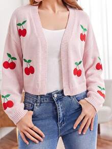 SHEIN Girlism 青少年女孩粉紅色紅色可愛櫻桃水果圖案刺繡百搭外出針織開襟外套 - 粉色 - 查看 4