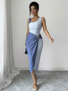 Elenzga Women's Sleeveless Splice Color Block Button Front Fitted Midi Dress - Blue - View 4