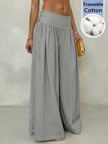 SHEIN Glamour Quần ống rộng cạp thấp xếp ly bằng vải dệt sọc vàng dành cho nữ, quần đi nghỉ dưỡng dành cho nữ, quần dài sọc vàng dành cho nữ. - Đen và trắng - Xem 1