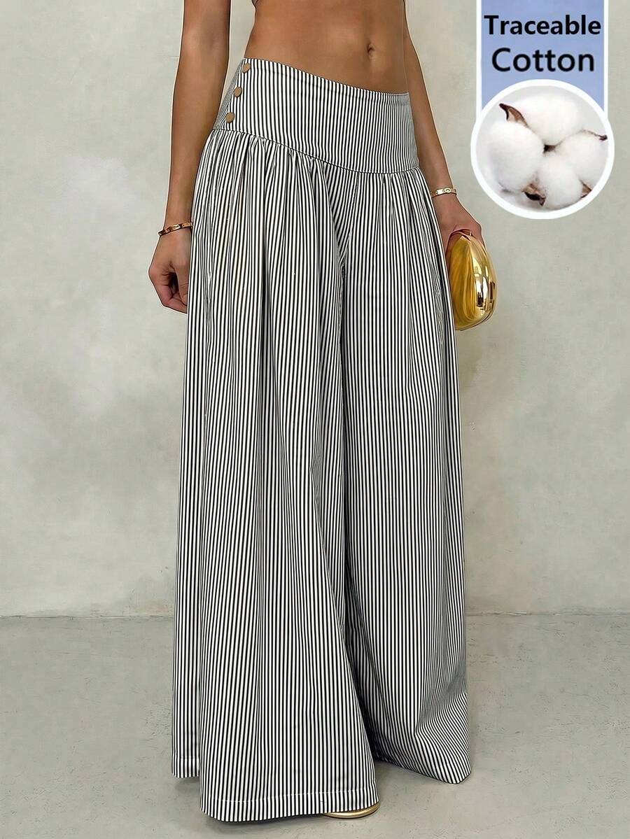 SHEIN Glamour Quần ống rộng cạp thấp xếp ly bằng vải dệt sọc vàng dành cho nữ, quần đi nghỉ dưỡng dành cho nữ, quần dài sọc vàng dành cho nữ. - Đen và trắng - Xem 1