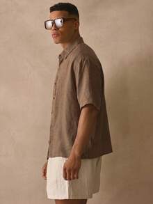 Musero Short Sleeve Boxy Button Through Collared Drop Shoulder Linen Shirt Spring Summer Holiday Essentials Beachside - Khaki - View 3