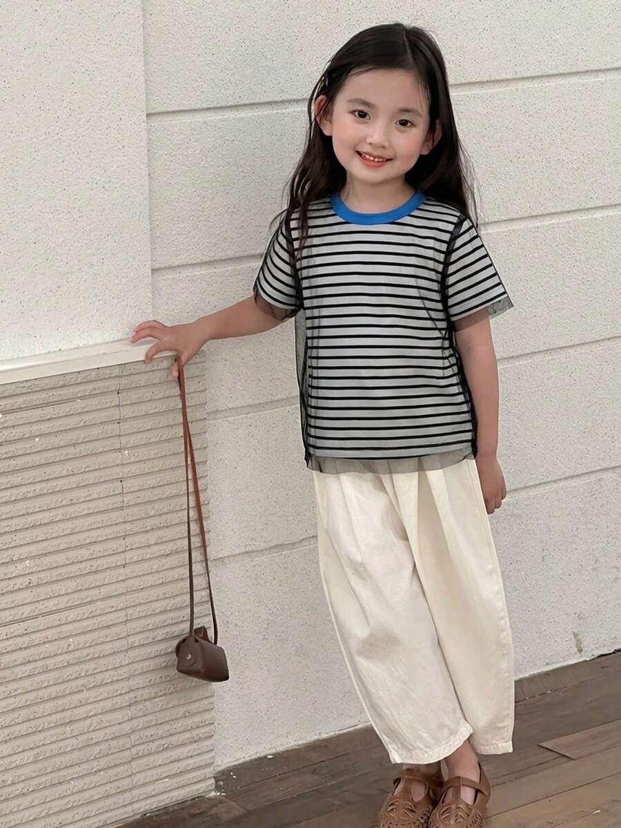 Dazy Kids 少女夏季休閒條紋短袖網紗雙層T恤 - 黑色 - 查看 1