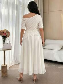 Feyla Plus Size Women's Elegant Vacation Style Solid Color Irregular Collar Textured Fabric Top And Skirt 2-Piece Set - Apricot - View 5
