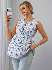SHEIN Top de tirantes de maternidad cómodo, con cuello redondo, cordón ajustable y dobladillo con volantes, versátil y elegante de moda - Azul y blanco - Ver 4