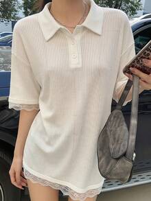 DAZY 夏秋春 2合1鏤空蕾絲拼接長版 Polo 衫 寬鬆度假短袖女款T恤 - 白色 - 查看 4