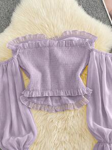 Resyla French Retro Pink Ruffle Off-Shoulder Pearl Button Flare Sleeve Cropped Top - Mauve Purple - View 2