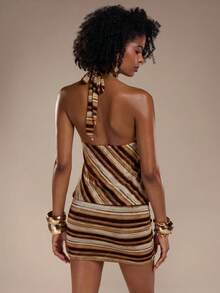 Normani Summer Festival Party Night Out Vacation Beach Graduation Elegant Sexy Country Y2k Women's Contrast Color Brown Striped Backless Halter Mini Dress - Coffee - View 3