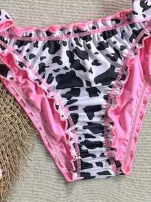 Soleia Women's Retro Colorful Leopard, Zebra, Floral Print Ruffled Tie-Front Tassel Decorated Bikini Set, Suitable For Beach Vacation - Multicolor - View 6
