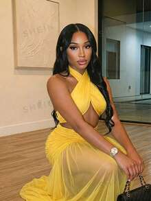 BamGleam Women's Extra Long Dragging Neck Mesh Ruched Backless Dress - Yellow - View 4