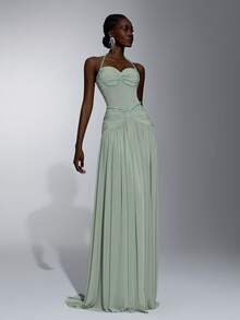 Elitara Elegant Green Elastic Mesh Fabric Beaded Chain Decor Bodice Voluminous Skirt Formal Party Dress Wedding Guest Dress Bachelorette Dress Gala Dress - Green - View 5