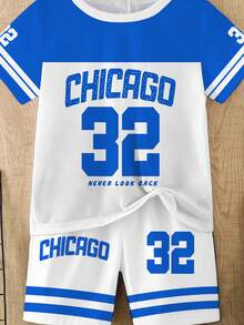 2pcs/Set Toddler Boys' Casual Creative Numeric 32, Chicago Star Striped Colorblock Letter Graphic Print Short Sleeve T-Shirt And Shorts Set, Comfortable Daily Wear, Suitable For Spring, Summer - Multicolor - View 7
