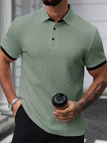Manfinity CasualCool 男士夏季休閒度假日常通勤紋理面料對比滾邊短袖 Polo 衫 - 綠色 - 查看 3