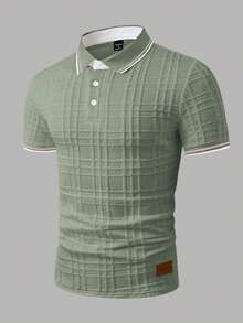 EGENSIO Men's Casual Daily/Office Commute Textured Fabric Contrast Striped Trim Short Sleeve Polo Shirt, Summer - Green - View 3