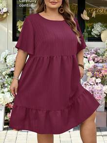 SHEIN CURVE+ Curve 大碼 US22 音樂節海邊度假波希米亞風 西方狩獵風休閒純色短袖洋裝 夏季女裝 復活節穿搭 - 酒紅色 - 查看 4
