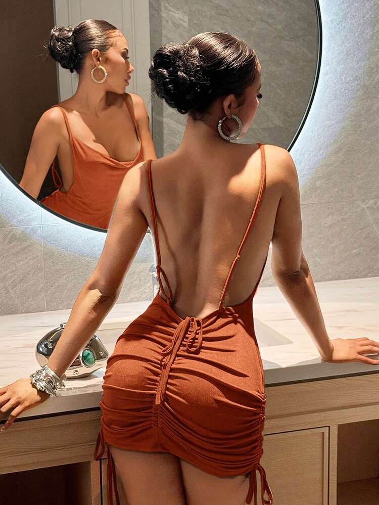 Slaydiva Summer Spaghetti Strap Draped Neck Backless Drawstring Ruched Shiny Chiffon Bodycon Mini Dress - Green - Redwood - View 1