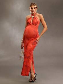 Cheriluna Maternity 橙色露背长裙，扎染设计，性感深V领，飘逸面料，搭配贝壳包，适合海滩婚礼、盛大晚宴和夏季派对。 - 橘色 - 查看 4