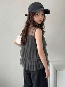Dazy Kids 少女網紗百褶休閒百搭日常外出上衣 夏季款 - 灰色 - 查看 1