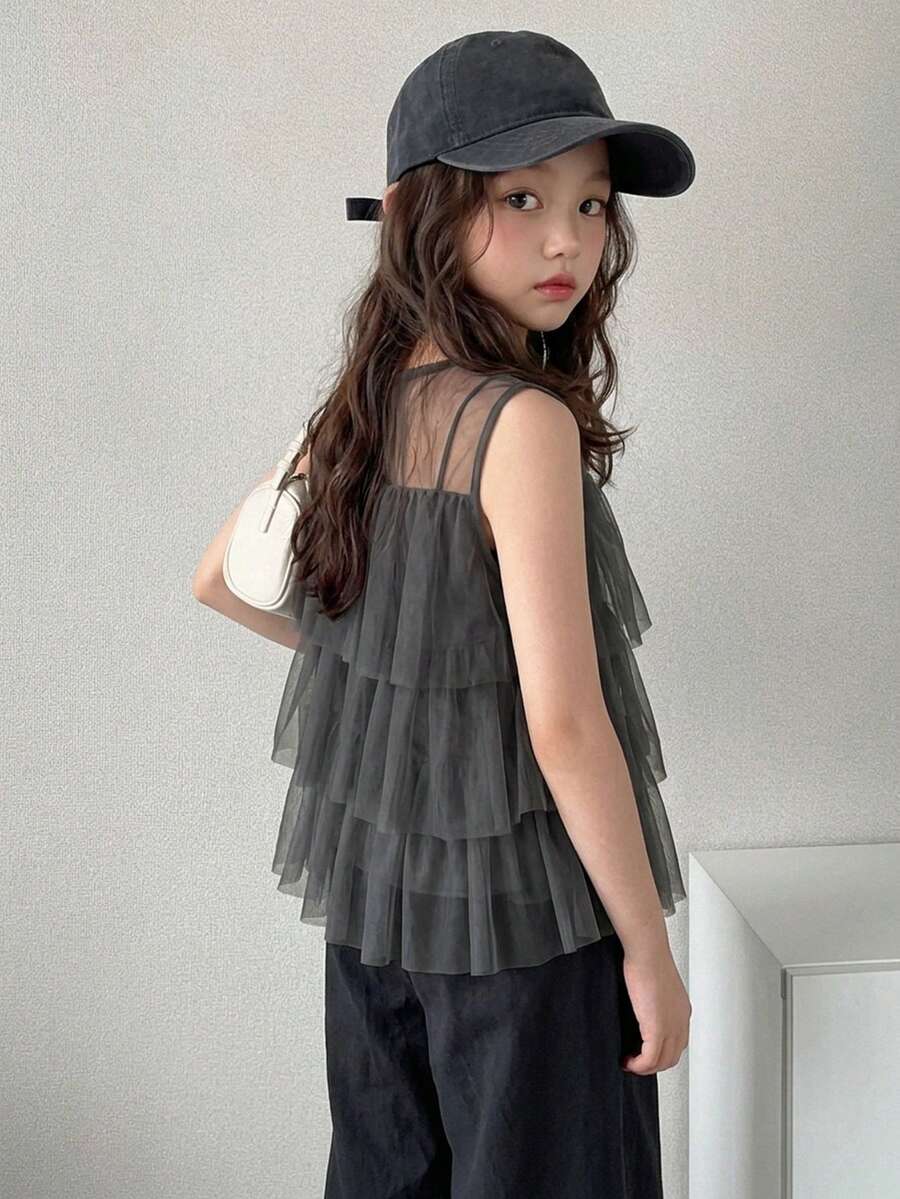 Dazy Kids 少女網紗百褶休閒百搭日常外出上衣 夏季款 - 灰色 - 查看 1