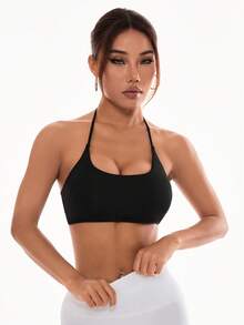 SHEIN Sports 女式圓領無鋼圈十字背後頸帶時尚運動內衣 - 黑色 - 查看 9