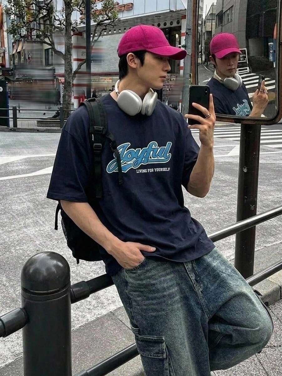 DAZY 海軍藍短袖字母印花男士T恤 - 藏蓝色 - 查看 1