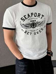 DAZY Summer Patchwork Contrast Collar Round Neck Letter Print Textured Fabric Slim Fit Men's T-Shirt Graphic Tee - White - View 7