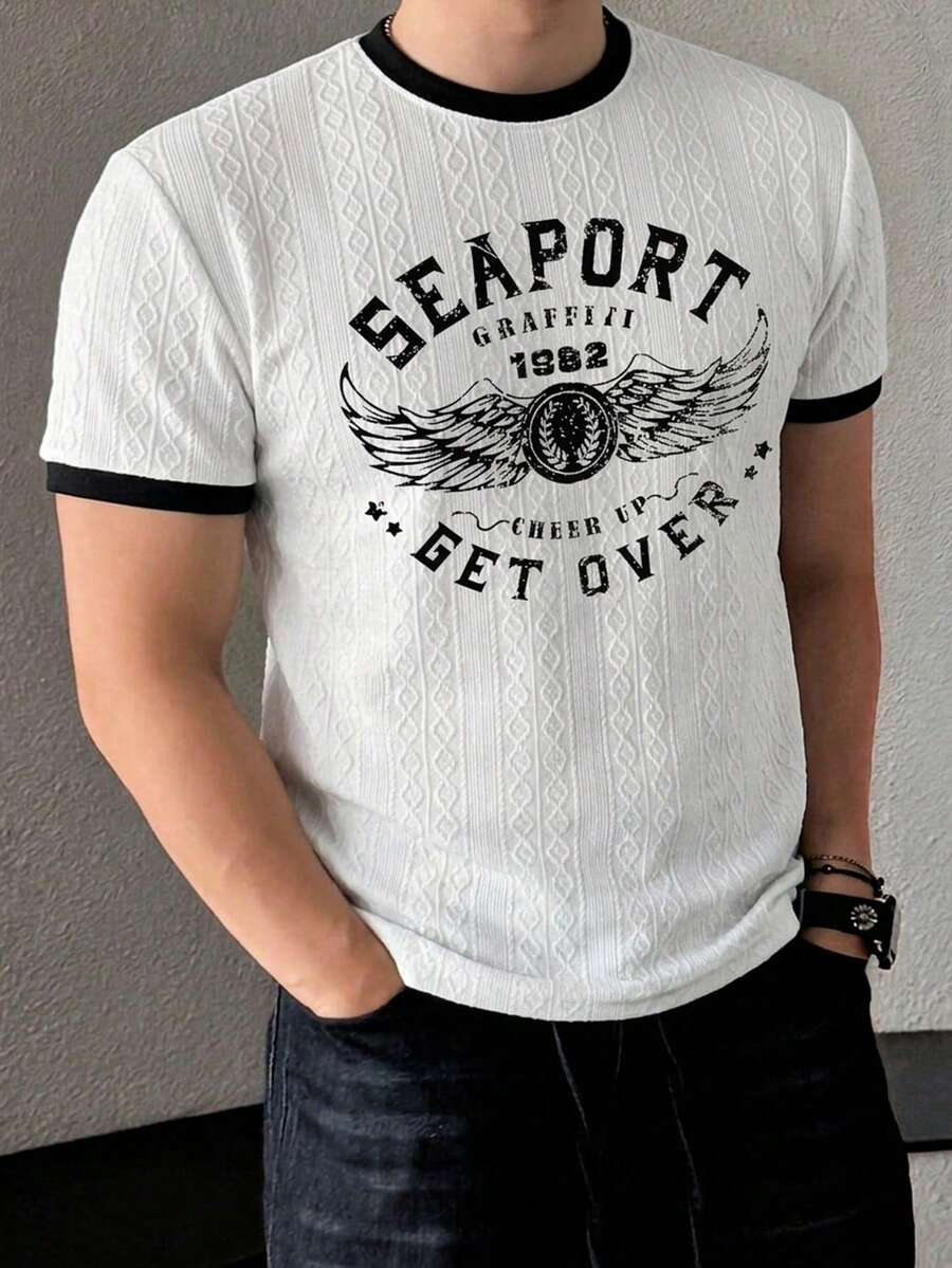 DAZY 夏季拼接對比領圓領字母印花紋理面料修身男士T恤圖案上衣 - 白色 - 查看 1