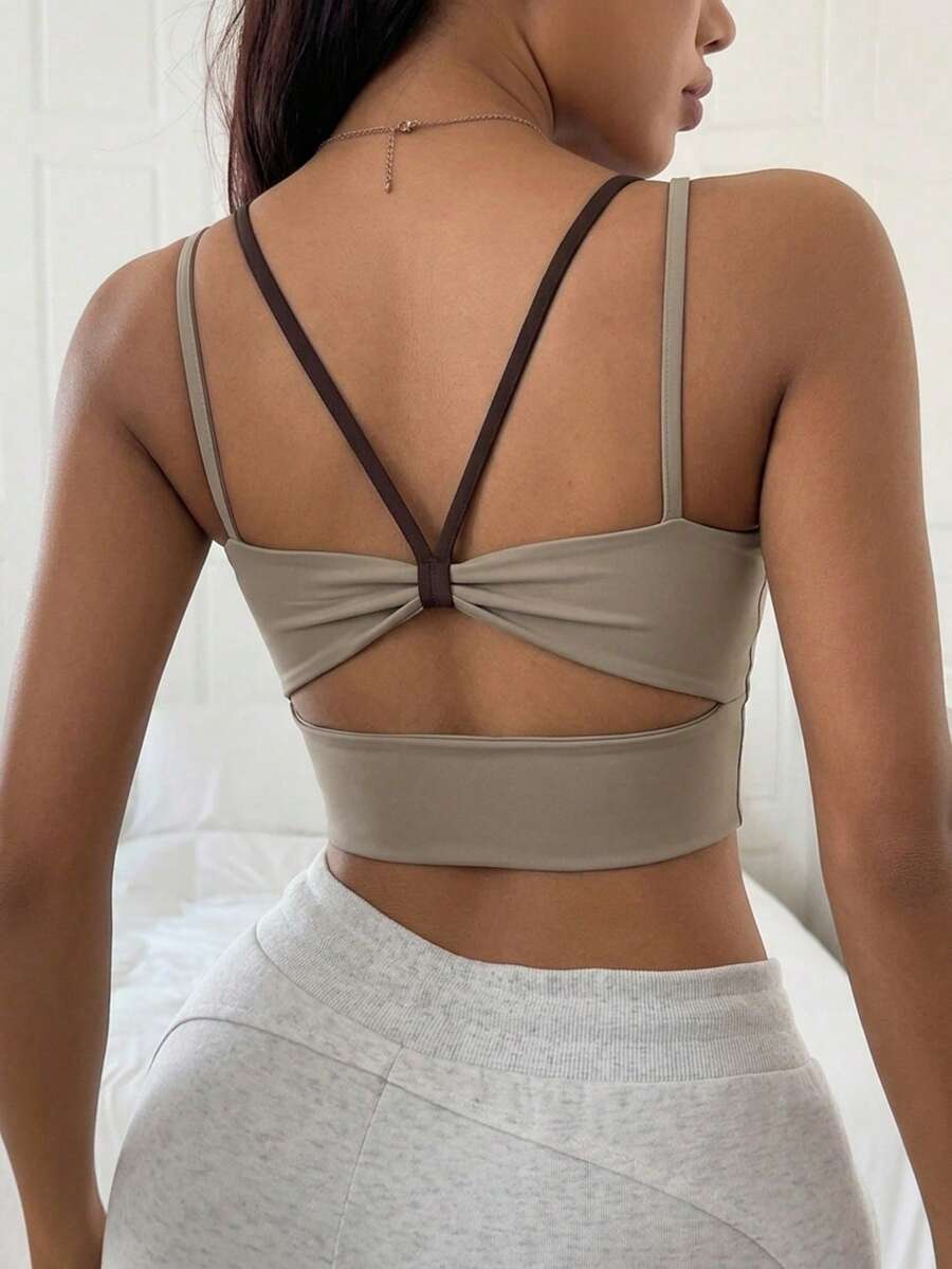 DAZY Contrast Color Straps Cropped Sports Bra With Light Padding For Women - Khaki - View 1