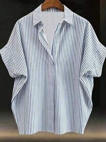 EMERY ROSE Plus Size Women Striped Batwing Short Sleeve Casual Blouse - Multicolor - View 3