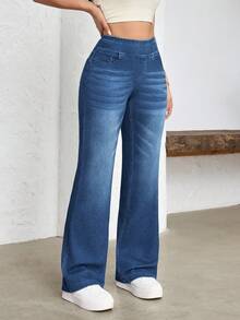 SHEIN Essnce Women's Casual Daily Commute Minimalist Versatile Elastic High Waist Washed Loose Straight Leg Jeans Travel Light Blue Summer - Dark Wash - View 3