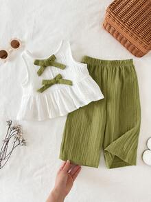 SHEIN 2pcs/Set Baju Bayi Perempuan Musim Panas Kasual Lucu Manis Atasan Tank Top dengan Pita & Celana Panjang Pinggang Elastis - Lime Green - View 1