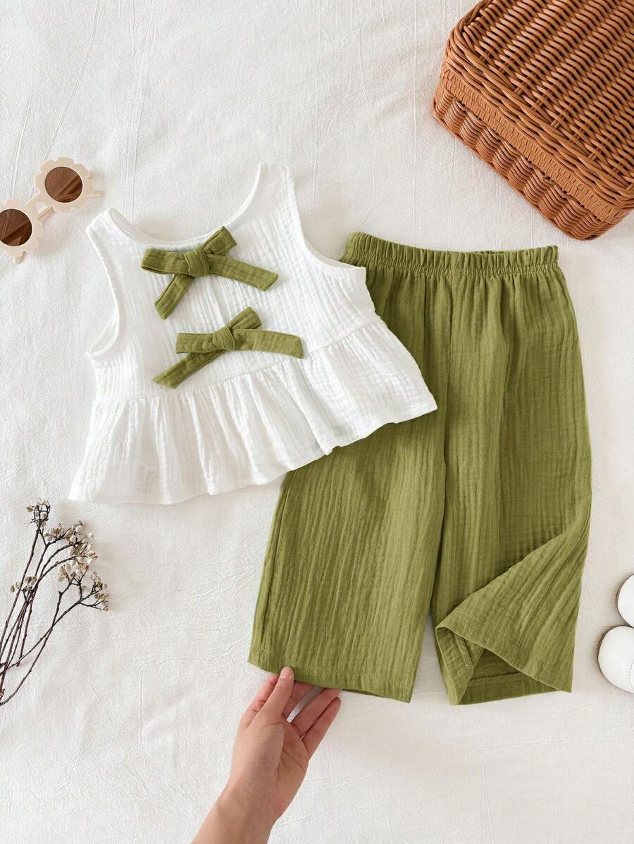 SHEIN 2pcs/Set Baju Bayi Perempuan Musim Panas Kasual Lucu Manis Atasan Tank Top dengan Pita & Celana Panjang Pinggang Elastis - Lime Green - View 1