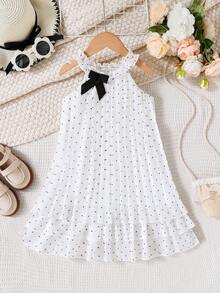 SHEIN Elladie kids 女童夏季褶皱波点荷叶边蝴蝶结装饰多层下摆无袖连衣裙，适合度假、休闲、日常穿着，时尚优雅。 - 白色 - 查看 9