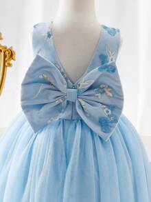 SHEIN Elladie kids 少女蓝色无袖珍珠蝴蝶结网纱罩衫连衣裙，适合晚宴、生日派对、演出、夏季等场合。 - 藍色 - 查看 12