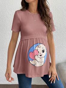 SHEIN Cute Print Knit Maternity T-Shirt - Dusty Pink - View 3