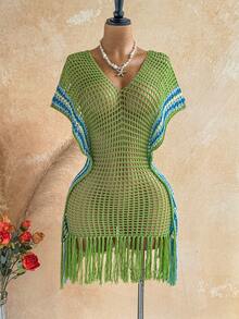 Soleia Colorblock Hollow V-Neck Fringe Loose Pullover Sweater For Women, Spring/Summer - Green - View 5