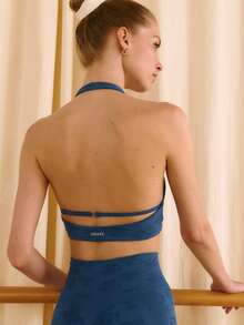 Nöista Parte dintr-un set, sutien sport halter cu jacquard floral și răsucire în față, fără cusături și cu spate deschis, albastru. Îmbrăcăminte sport, yoga, sală, antrenament, barre, pilates. - Albastru - Vizualizare 2