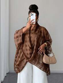 Maweii Plus Size Summer Retro Elegant Plaid Mesh Ruffled Collar Blouse - Brown - View 4