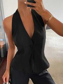 DAZY Women's Solid Color Halter Backless Elegant Formal Summer Top Halter Top Vacation - Black - View 3